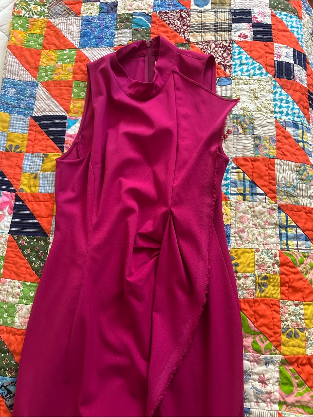 Sleeveless Ruffle-Front Sheath Dress in Fuchsia